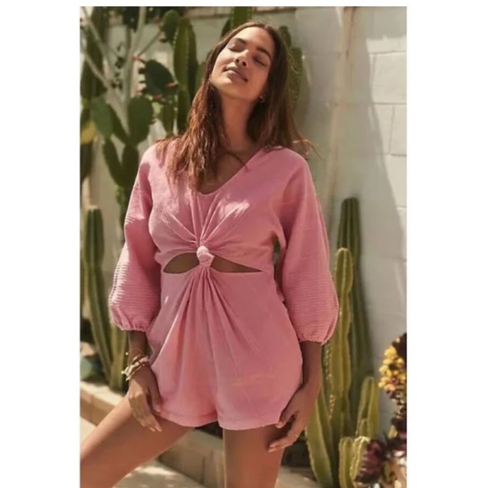 Free People‎ Pink Knot Front Cutout Romper Balloon Sleeve XS